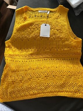 Embossed Bright Yellow Openwork Knit Tank Top